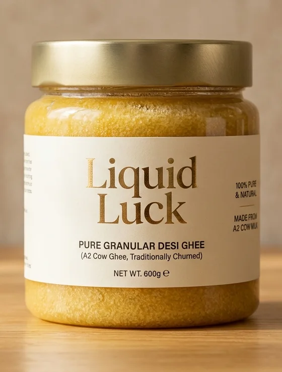 A jar of Liquid Luck pure granular desi ghee with a gold lid