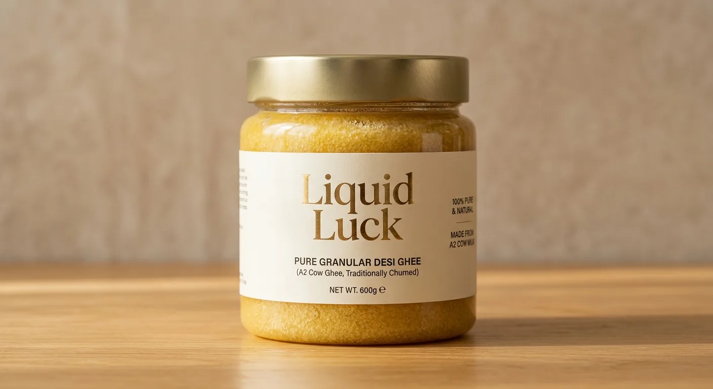Liquid Luck desi ghee jar on a wooden table